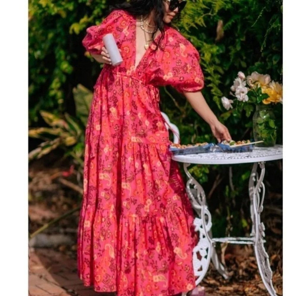 Misa Ysabel Tiered Ruffle Cotton Floral Print Fuchsia Maxi Puff Sleeve Dress S